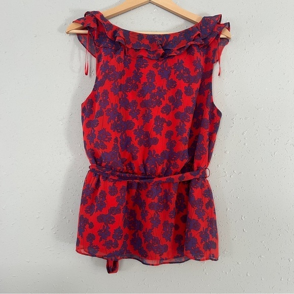 🦋 Elle Red Blue Floral Ruffle Belted Blouse Office Casual Large - Picture 4 of 4